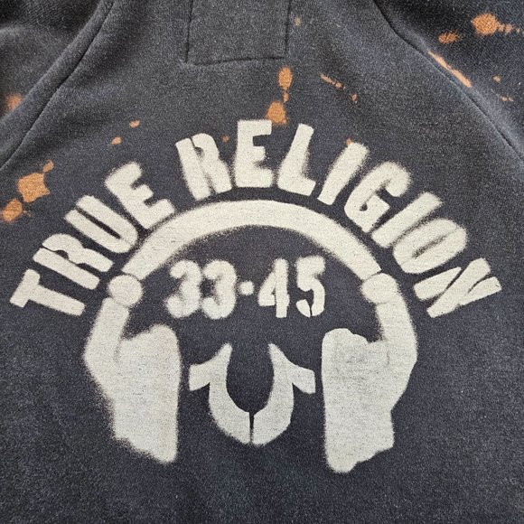 True Religion Jacket Women's Large Black Red Bleach Splatter Distressed Logo - Picture 9 of 15